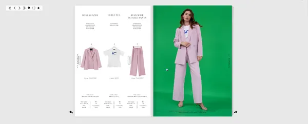 A sample of one of the flip-books, with a model and prices for clothing listed